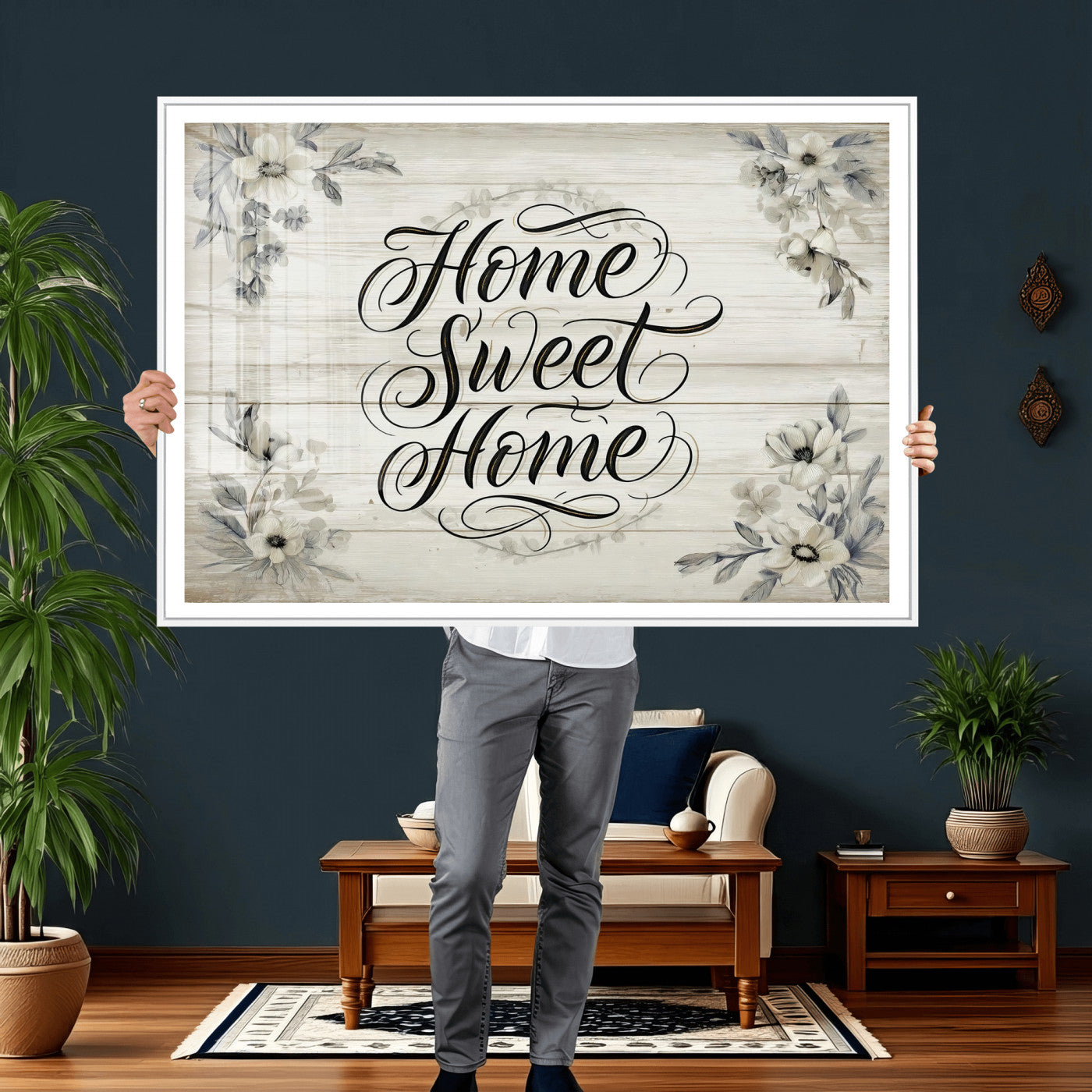 11120405-MGV-CV-36X24 - Home Sweet Home Wall Art Canvas Print, Floral Farmhouse Sign, Rustic Neutral Entryway Bedroom Living Room Decor