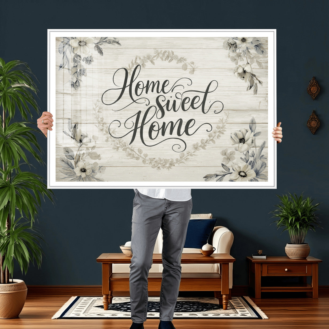 81157008-MGV-CV-36X24 - Home Sweet Home Wall Art Canvas Print, Floral Farmhouse Sign, Rustic Neutral Entryway Bedroom Living Room Decor