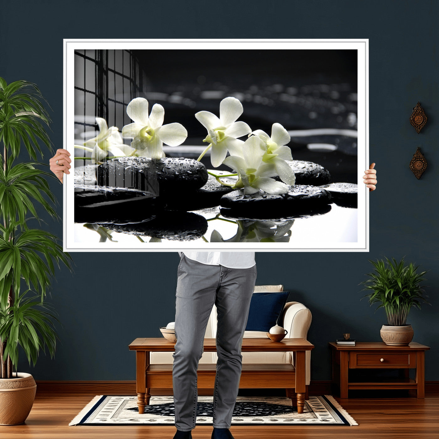 79486206-MGV-CV-36X24 - Plumeria Frangipani Black Stone Canvas | White Flower Spa Photography Print | Tropical Zen Wall Art | Grey Pebble Floral for Meditation Room Decor