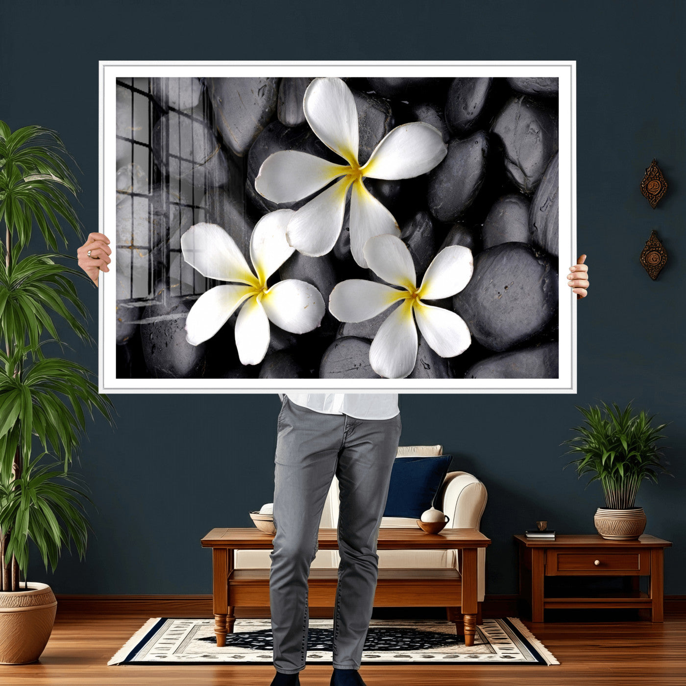 43639613-MGV-CV-36X24 - Plumeria Frangipani Black Stone Canvas | White Flower Spa Photography Print | Tropical Zen Wall Art | Grey Pebble Floral Decor