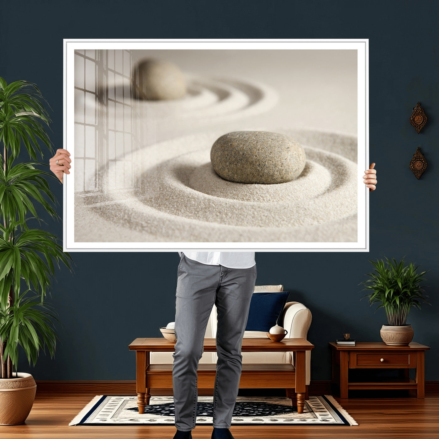 13397966-MGV-CV-36X24 - Zen Garden Stone Sand Canvas | Japanese Rock Garden Wall Art | Minimalist Meditation Print | Neutral Beige Mindfulness Decor