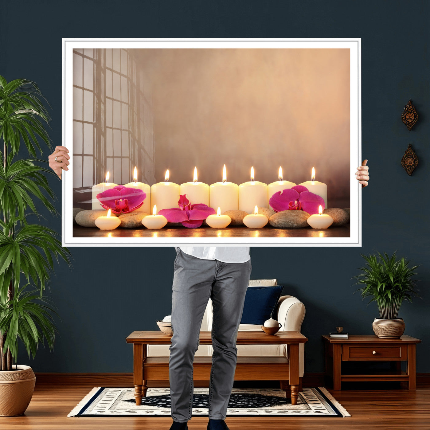 59470569-MGV-CV-36X24 - Spa Candles Orchid Canvas Print | Zen Wellness Relaxation Wall Art | Pink Flower Candlelight Bathroom Decor | Calm Beige Photography