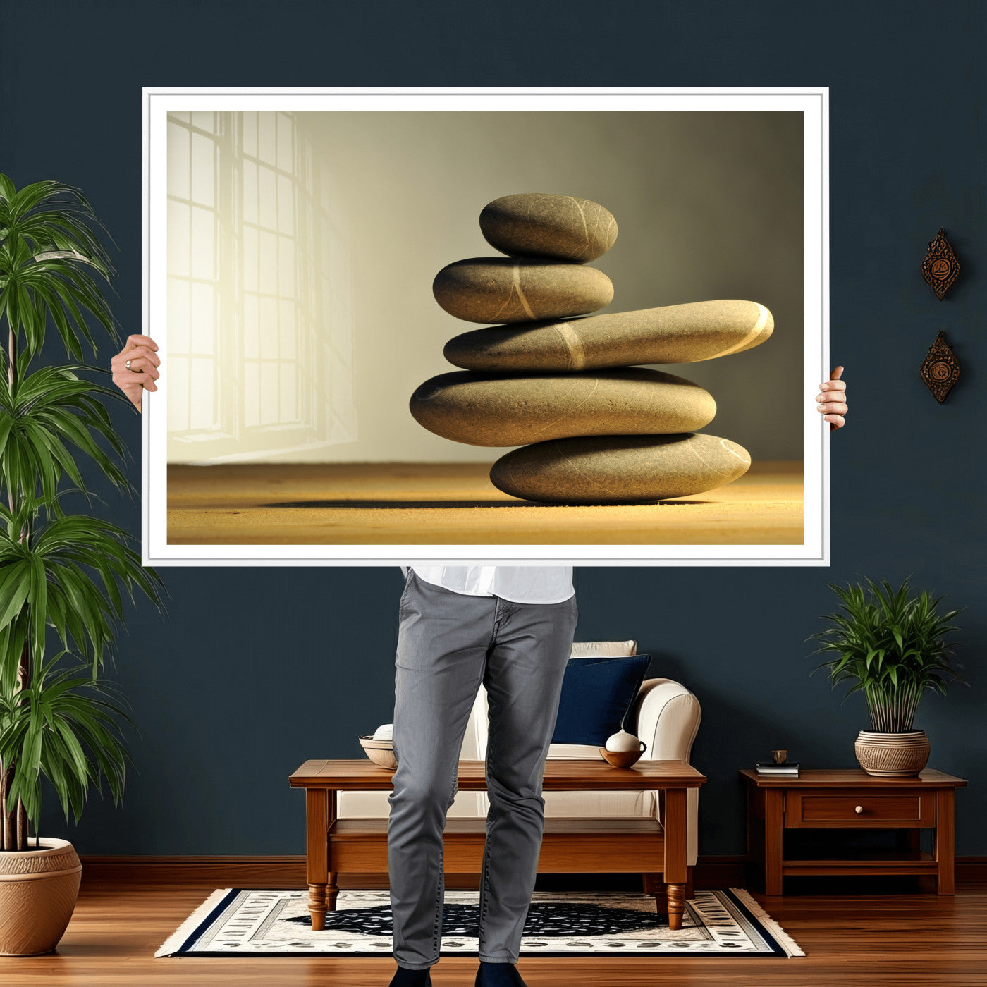 85424263-MGV-CV-36X24 - Zen Stone Wall Art Canvas Print, Balanced Rock Stack Framed Spa Artwork, Minimalist Meditation Decor for Living Room Bedroom Office Bathroom