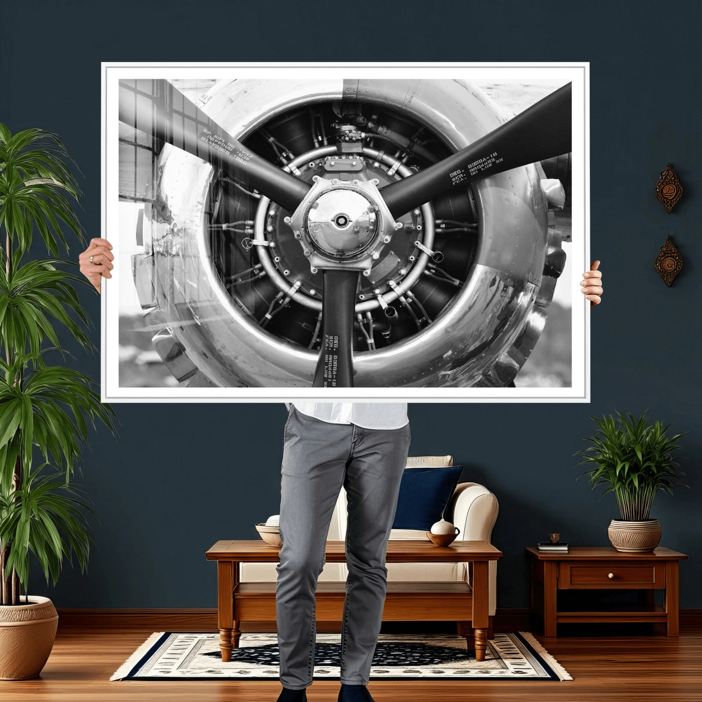 73322230-MGV-CV-36X24 - Vintage Propeller Plane Wall Art Canvas Print, Black and White Airplane Engine Close Up Framed Aviation Artwork for Pilot Office Hangar Decor