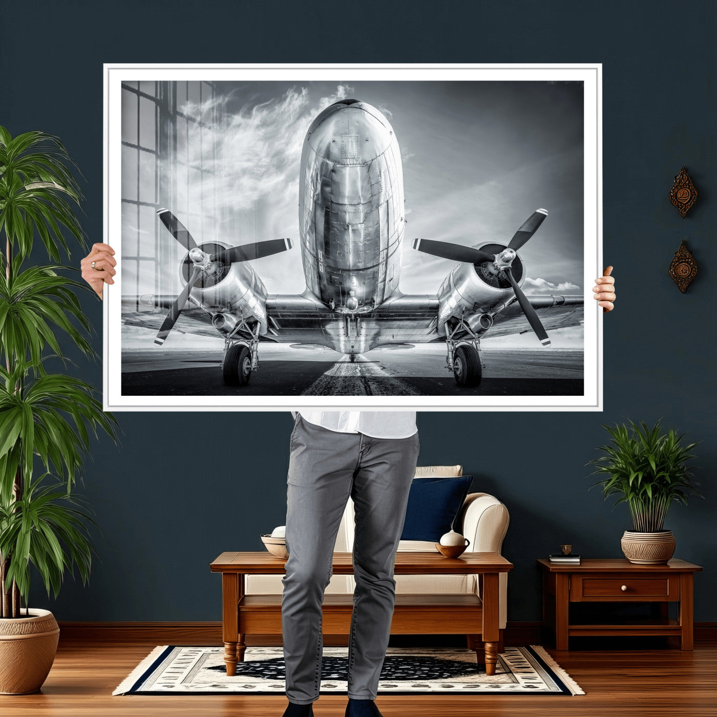 59729636-MGV-CV-36X24 - Vintage Propeller Plane Wall Art Canvas Print, Black and White Airplane Engine Close Up Framed Aviation Artwork for Pilot Office Hangar Decor