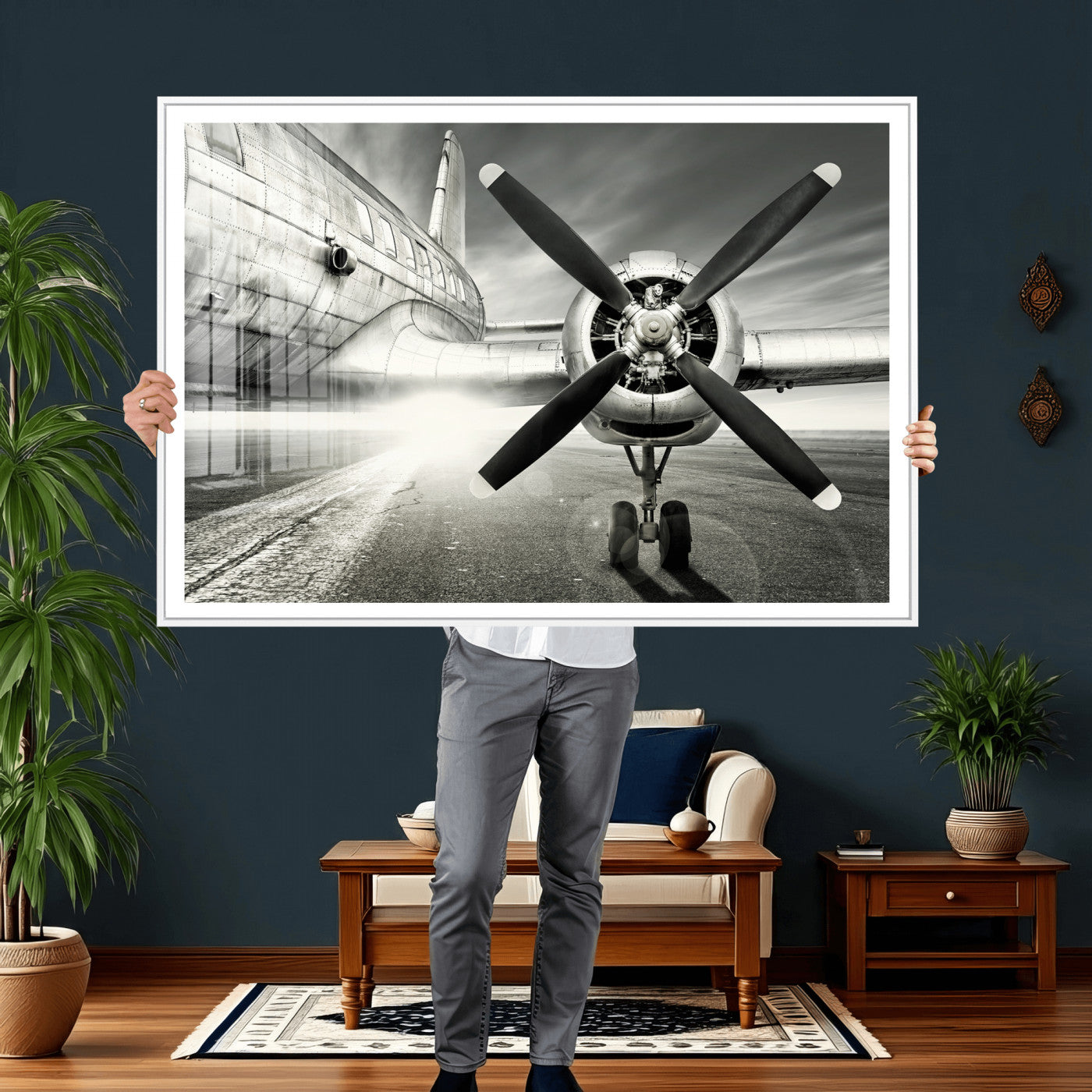 16420255-MGV-CV-36X24 - Vintage Airplane Wall Art Canvas Print, Black and White Propeller Aircraft Framed Aviation Artwork for Pilot Office Hangar Living Room Decor