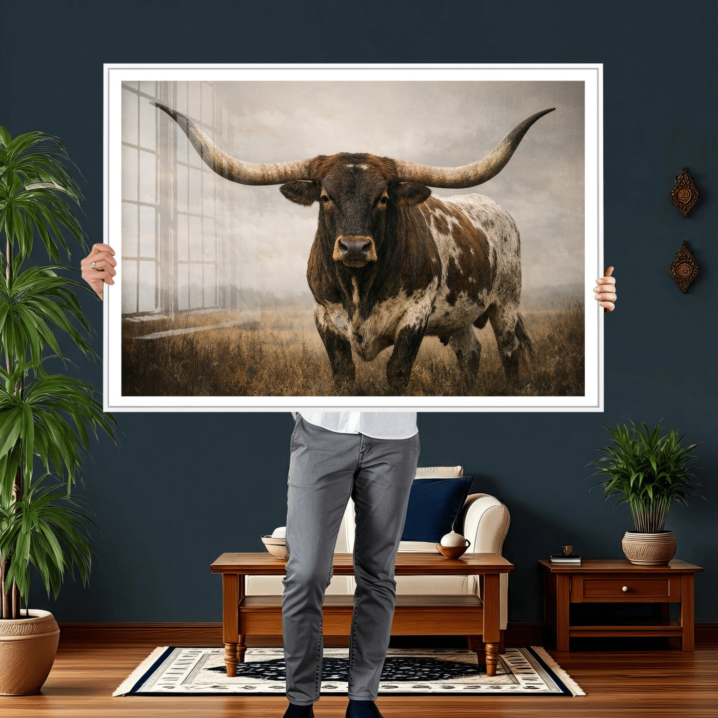 17622011L-MGV-CV-36X24 - Longhorn Bull Wall Art Canvas Print, Western Farmhouse Cowboy Decor, Rustic Texas Ranch Cattle Artwork for Living Room Bedroom Office, Framed Wall Decor