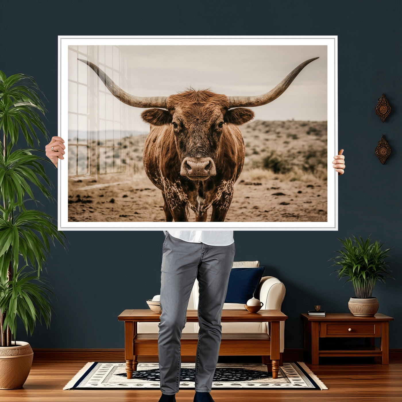 17622011K-MGV-CV-36X24 - Texas Longhorn Bull Wall Art Canvas Print, Western Farmhouse Cowboy Decor, Rustic Texas Ranch Cattle Artwork for Living Room Bedroom Office, Framed Wall Decor