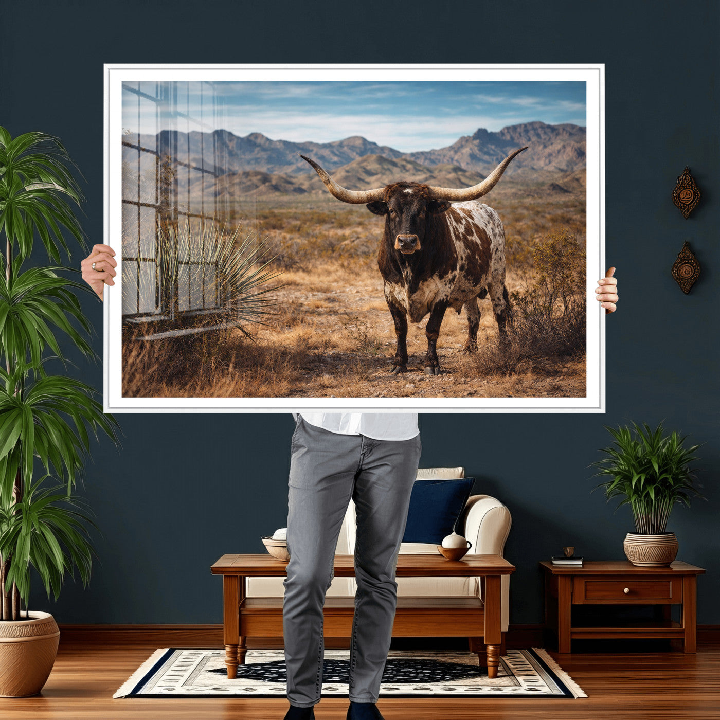 17622011S-MGV-CV-36X24 - Texas Longhorn Bull Wall Art Canvas Print, Western Farmhouse Cowboy Decor, Rustic Texas Ranch Cattle Artwork for Living Room Bedroom Office, Framed Wall Decor