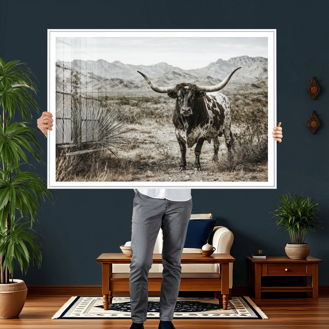 17622011H-MGV-CV-36X24 - Texas Longhorn Bull Wall Art Canvas Print, Western Farmhouse Cowboy Decor, Rustic Texas Ranch Cattle Artwork for Living Room Bedroom Office, Framed Wall Decor