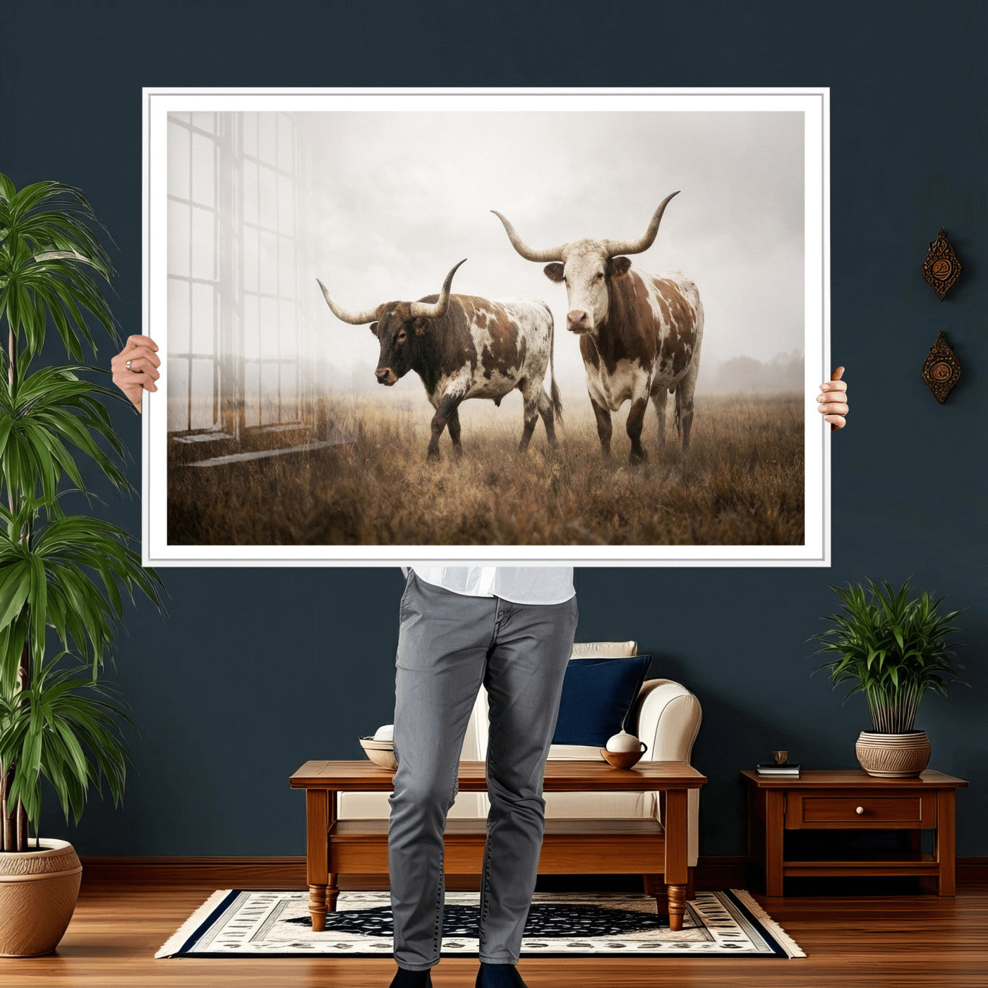 92881702-MGV-CV-36X24 - Texas Longhorn Canvas Wall Art Western Bull Desert Moody Grey Overcast Rustic Farmhouse Framed Large for Living Room Bedroom Office Decor