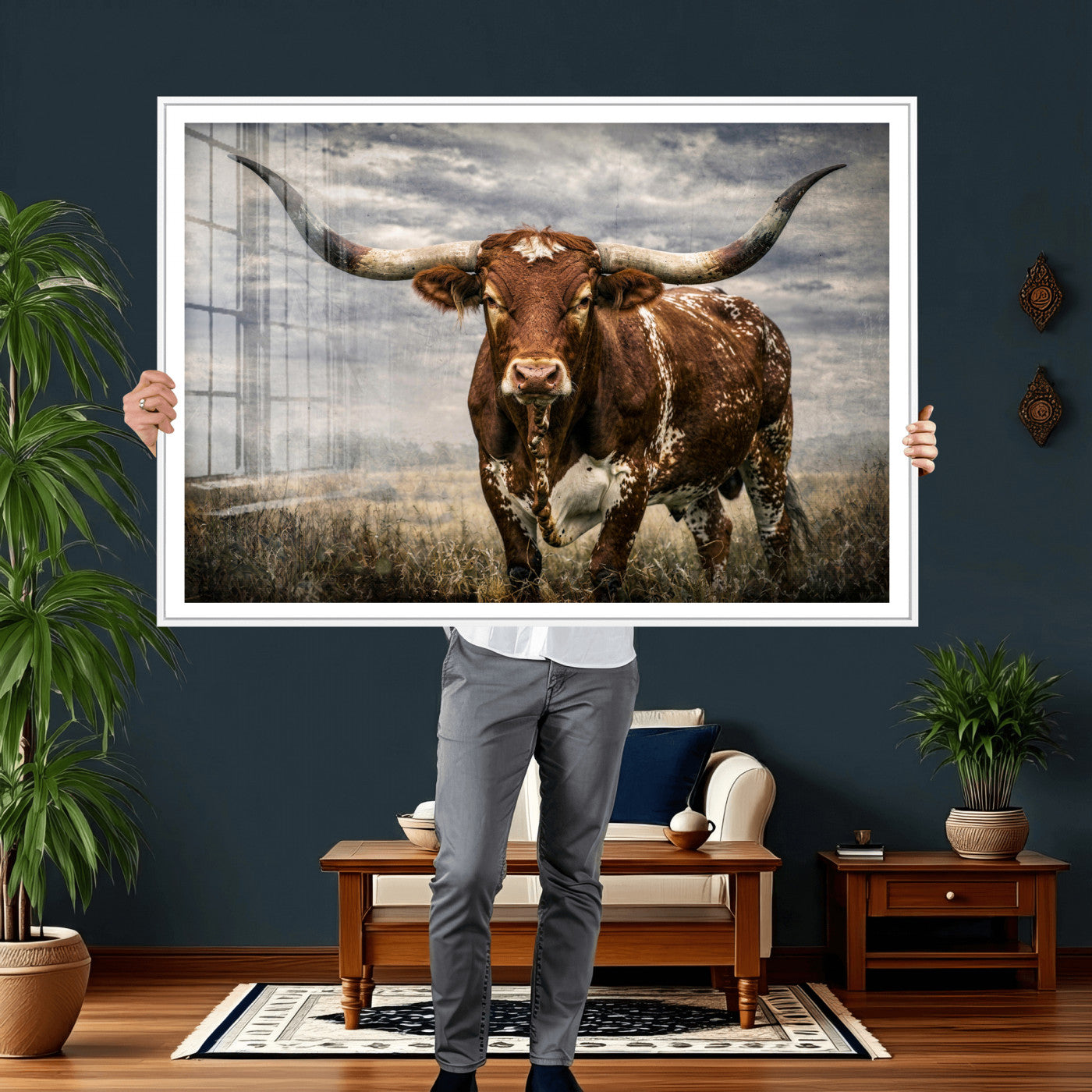 14372769-MGV-CV-36X24 - Texas Longhorn Canvas Wall Art Western Bull Desert Moody Grey Overcast Rustic Farmhouse Framed Large for Living Room Bedroom Office Decor