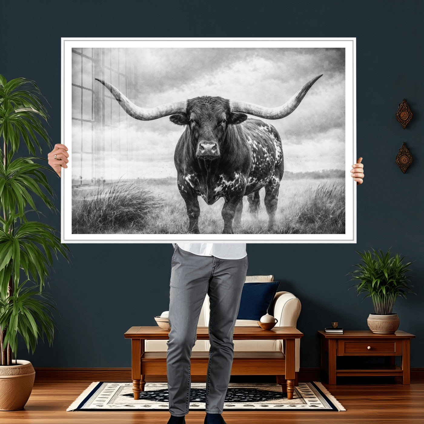 19951238-MGV-CV-36X24 - Texas Longhorn Canvas Wall Art Western Bull Desert Moody Grey Overcast Rustic Farmhouse Framed Large for Living Room Bedroom Office Decor