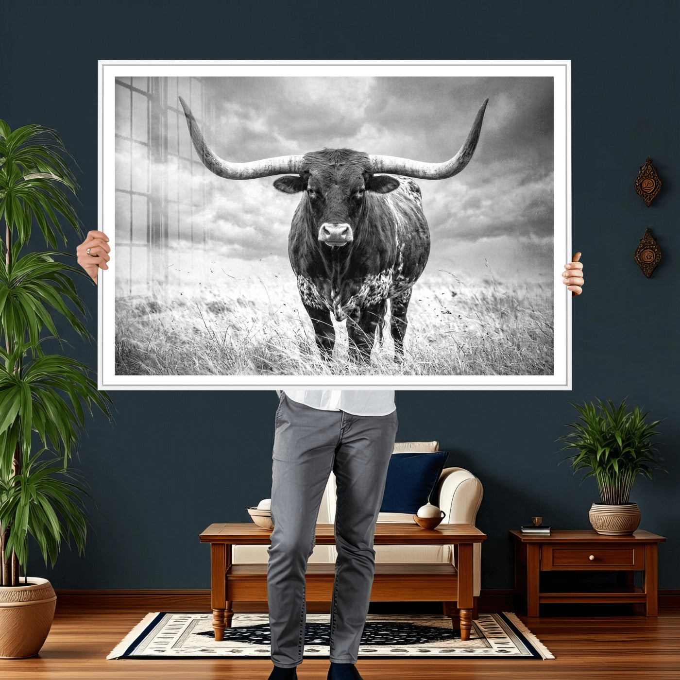 63336115-MGV-CV-36X24 - Texas Longhorn Canvas Wall Art Western Bull Desert Moody Grey Overcast Rustic Farmhouse Framed Large for Living Room Bedroom Office Decor