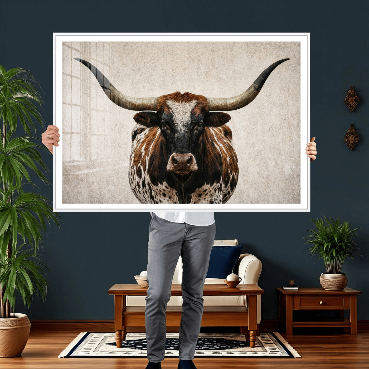 58622065-MGV-CV-36X24 - Texas Longhorn Canvas Wall Art Western Bull Desert Moody Grey Overcast Rustic Farmhouse Framed Large for Living Room Bedroom Office Decor