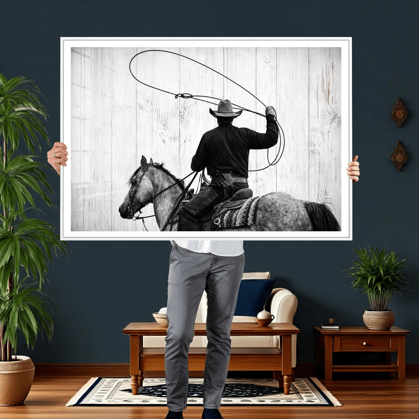 22569358-MGV-CV-36X24 - Cowboy Lasso Canvas Wall Art, Black White Western Horse Photo Print, Rustic Ranch Rodeo Decor, Farmhouse Western Art, Cowboy Gift for Him