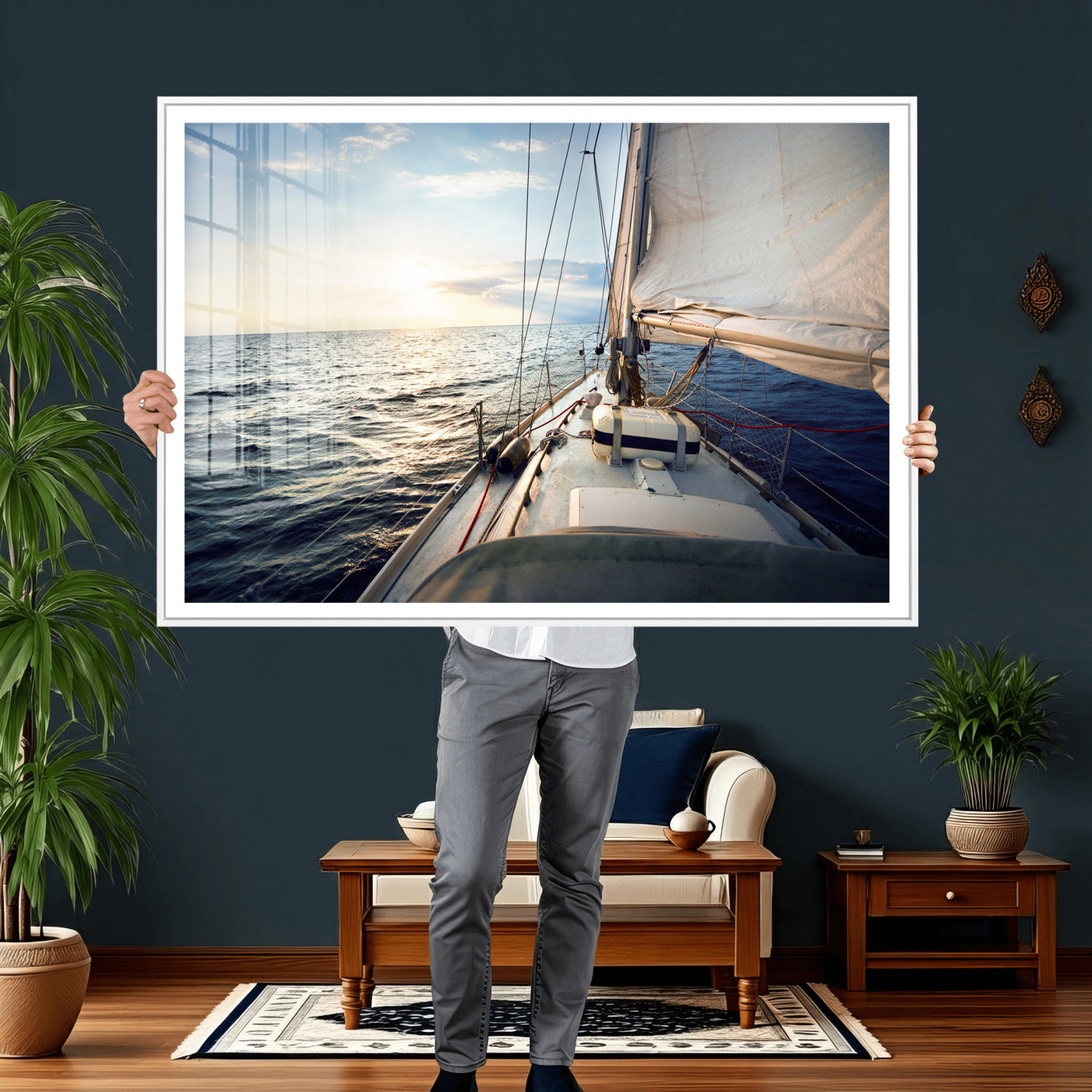 76381335-MGV-CV-36X24 - Sailboat Wall Art Canvas Print, Ocean Sunset Sailing Framed Artwork, Coastal Nautical Seascape Decor for Living Room Office Beach House
