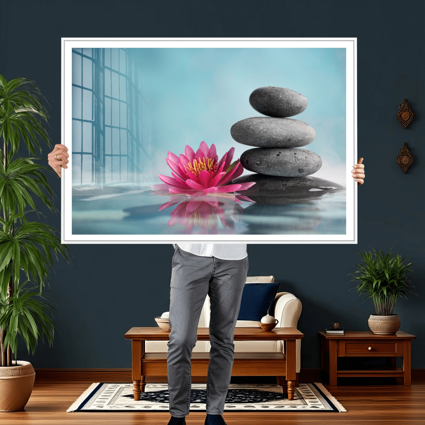 84293154-MGV-CV-36X24 - Zen Canvas Wall Art Lotus Flower Stacked Stones Teal Spa Meditation Relaxation Framed Large for Bathroom Bedroom Living Room Office Decor