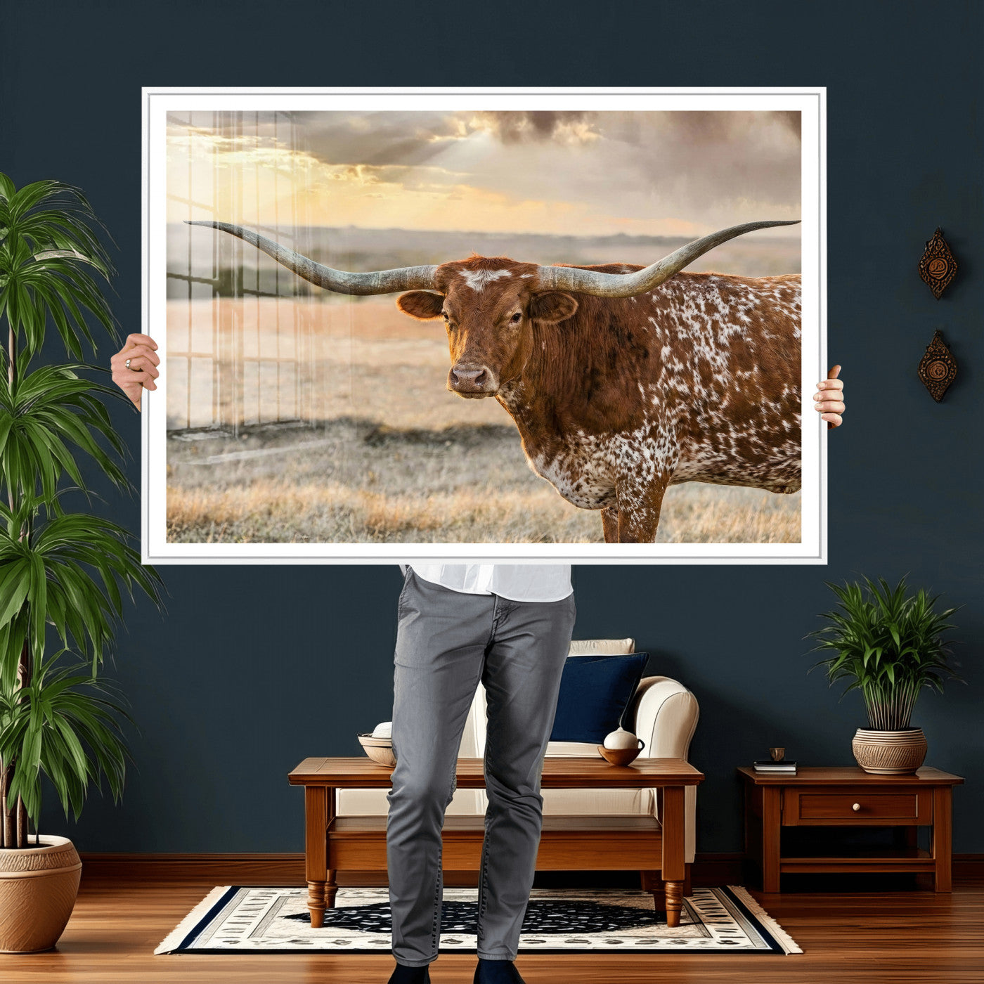 42715-MGV-CV-36X24 - Texas Longhorn Wall Art Canvas Print, Rustic Ranch Decor, Majestic Western Longhorn Cattle