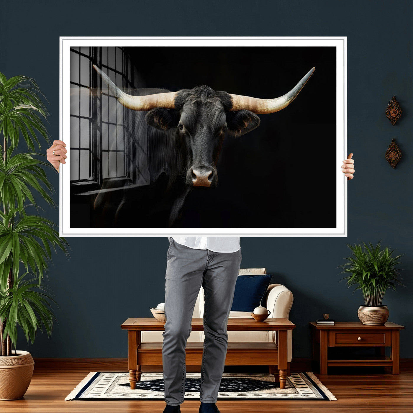 63798-MGV-CV-36X24 - Texas Longhorn Cow | Majestic Black Bull Wall Art Canvas Print - Farmhouse Animal Decor - Ready to