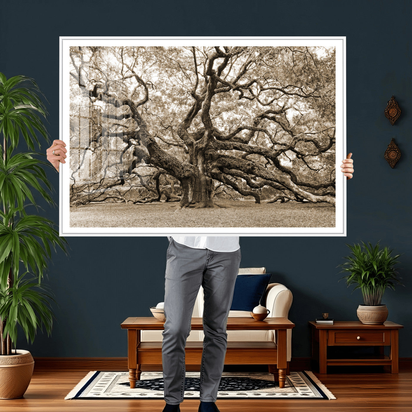 51126-MGV-CV-36X24 - Sepia Framed Angel Oak Tree Wall Art - 3-Panel Canvas Prints, Large Green Nature Artwork, Ready to