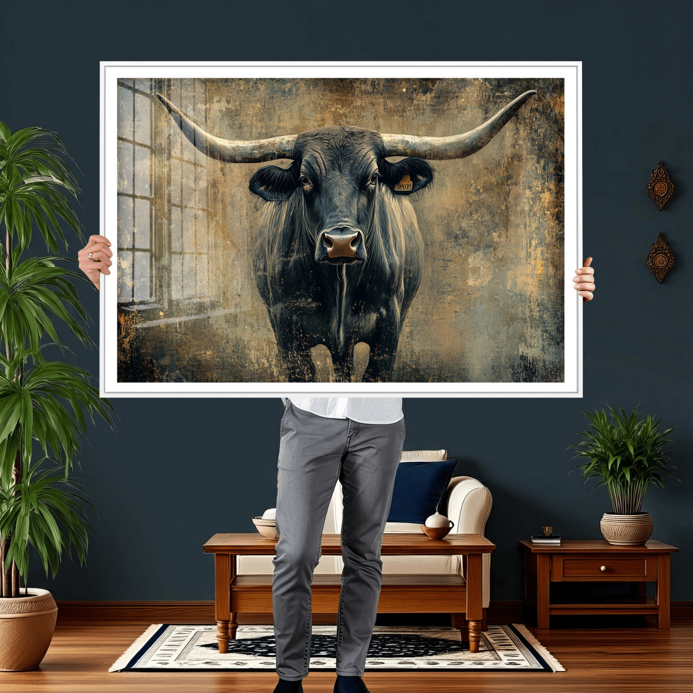 57385-MGV-CV-36X24 - Longhorn Bull Wall Art Canvas Print, Framed Rustic Cow Art Picture Print, Texas Longhorn Perfect Western Decor Artwork