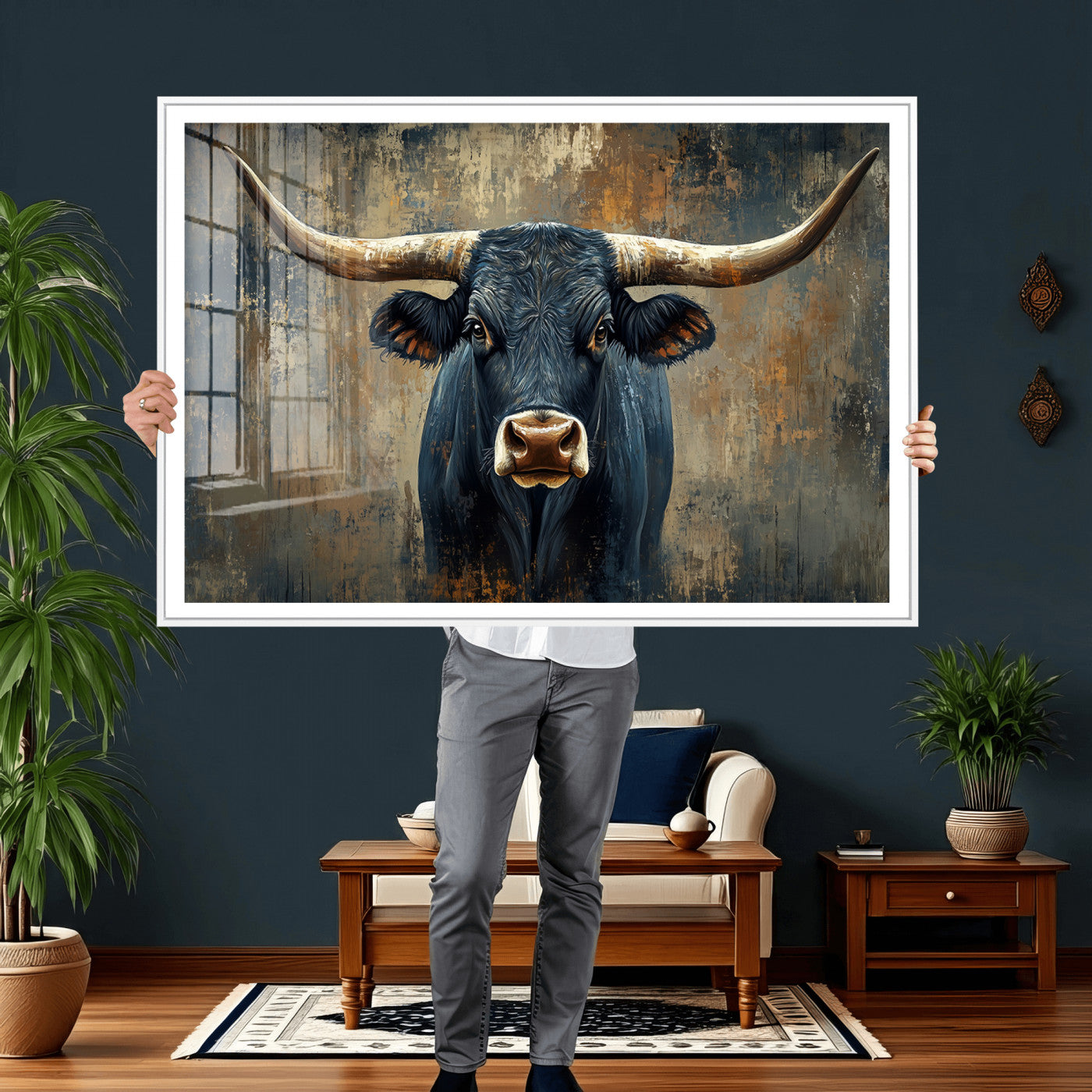42026-MGV-CV-36X24 - Texas Western Wall Art Canvas Print - Abstract Cow Longhorn Bull Wall Art Canvas Print - Rustic Cow