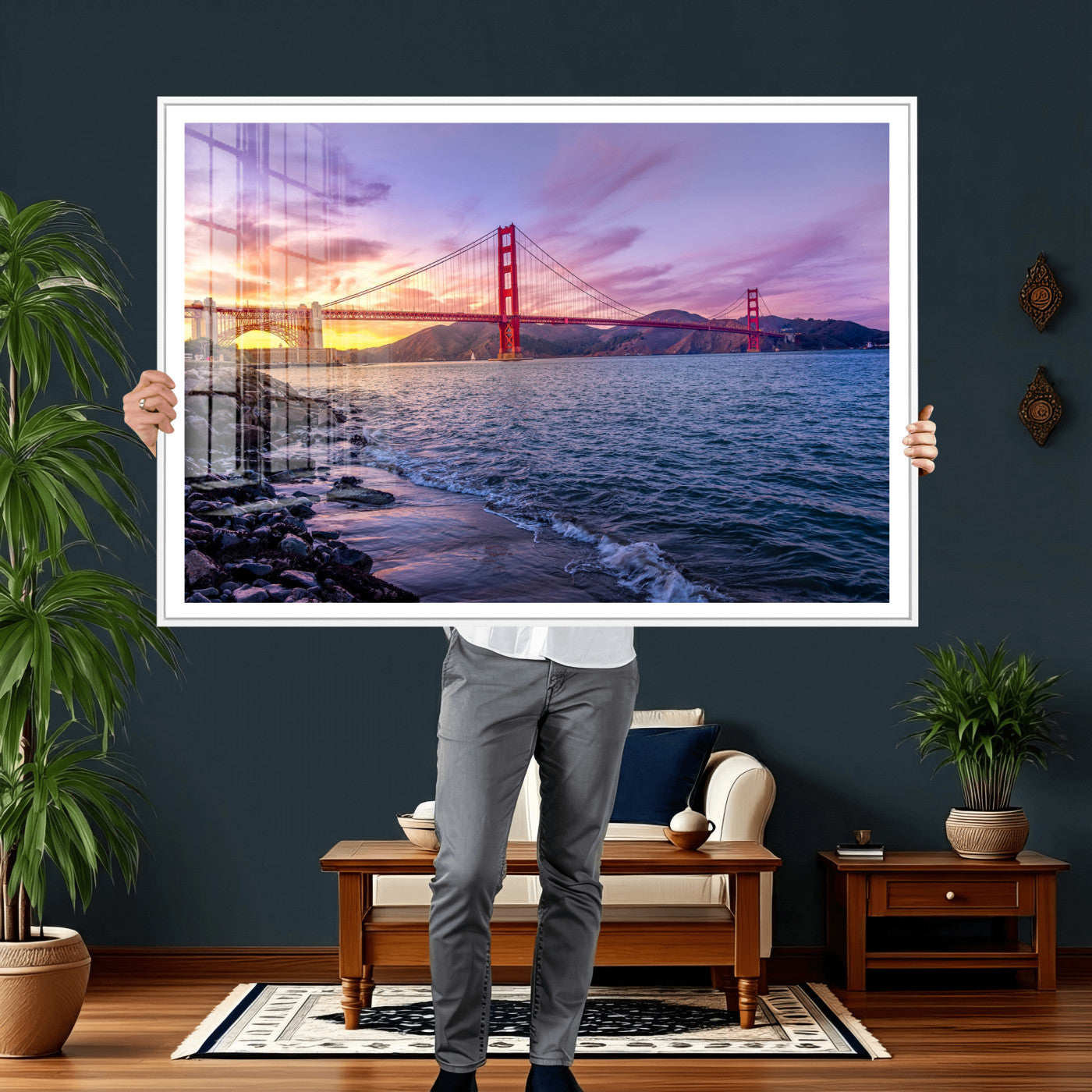 24256-MGV-CV-36X24 - Golden Gate Bridge Wall Art Print, San Francisco Sunset Canvas Wall Art, Cityscape Canvas Print for
