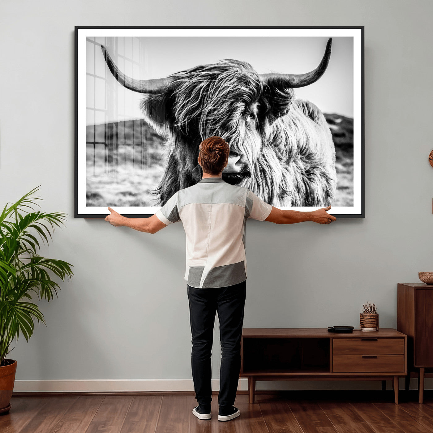 36979-MGV-CV-36X24 - Handsome Scottish Cow Black and White Wall Decor Canvas Art Print Extra Large Wall Art Highland Cattle Canvas Picture Animal Art Nature Photography High Quality Original Canvas Framed Ready to Hang