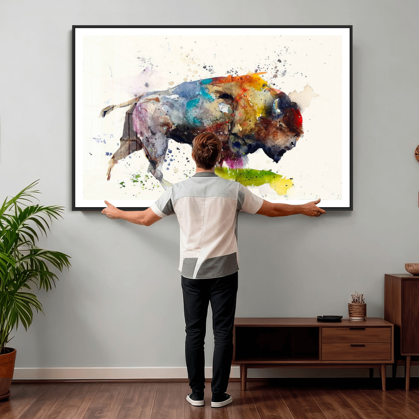 44504-MGV-CV-36X24 - Abstract Buffalo Wall Art, Western Watercolor Bison Canvas Print, Rustic Buffalo Art for Cowboy and