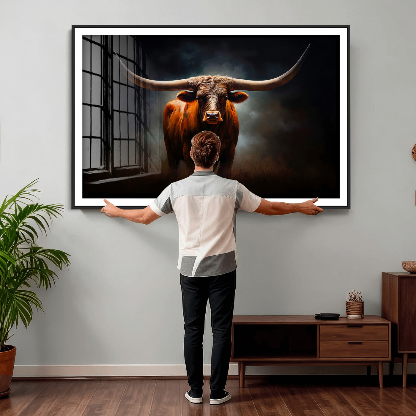 48896-MGV-CV-36X24 - Abstract Texas Longhorn Wall Art Print | 3-Panel Large Texas Longhorn Canvas Print for Living Room,