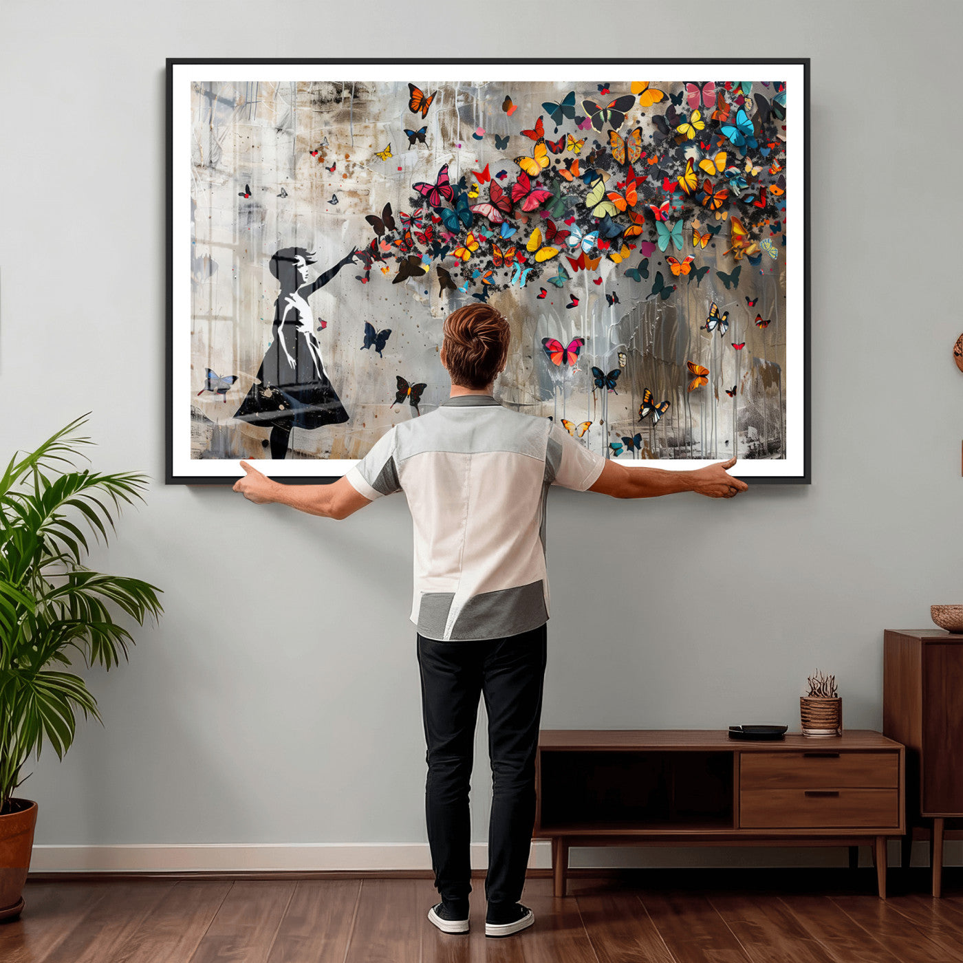 51446-MGV-CV-36X24 - Banksy Butterfly Girl Wall Art | 3-Piece Butterfly Girl Canvas