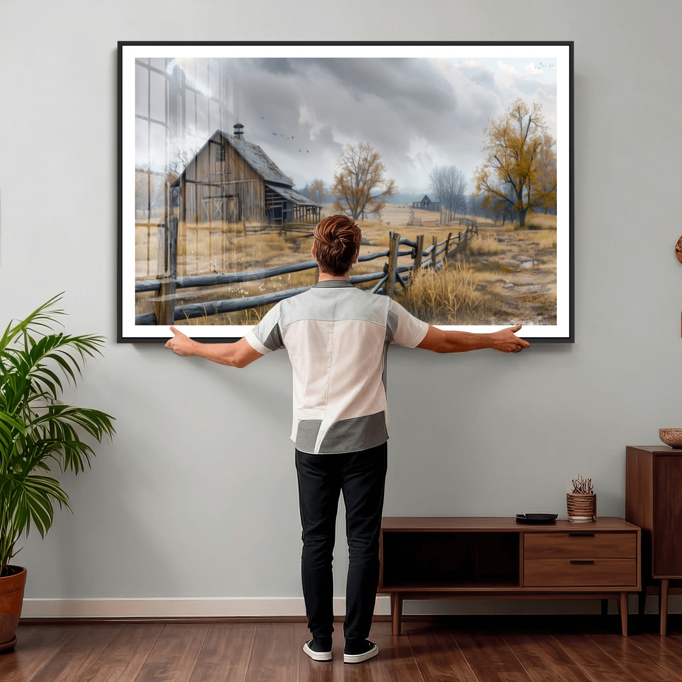 Farm1-MGV-CV-36X24 - Rustic Autumn Farmhouse Wall Art Canvas Print – Serene Countryside Scene with Weathered Barn and