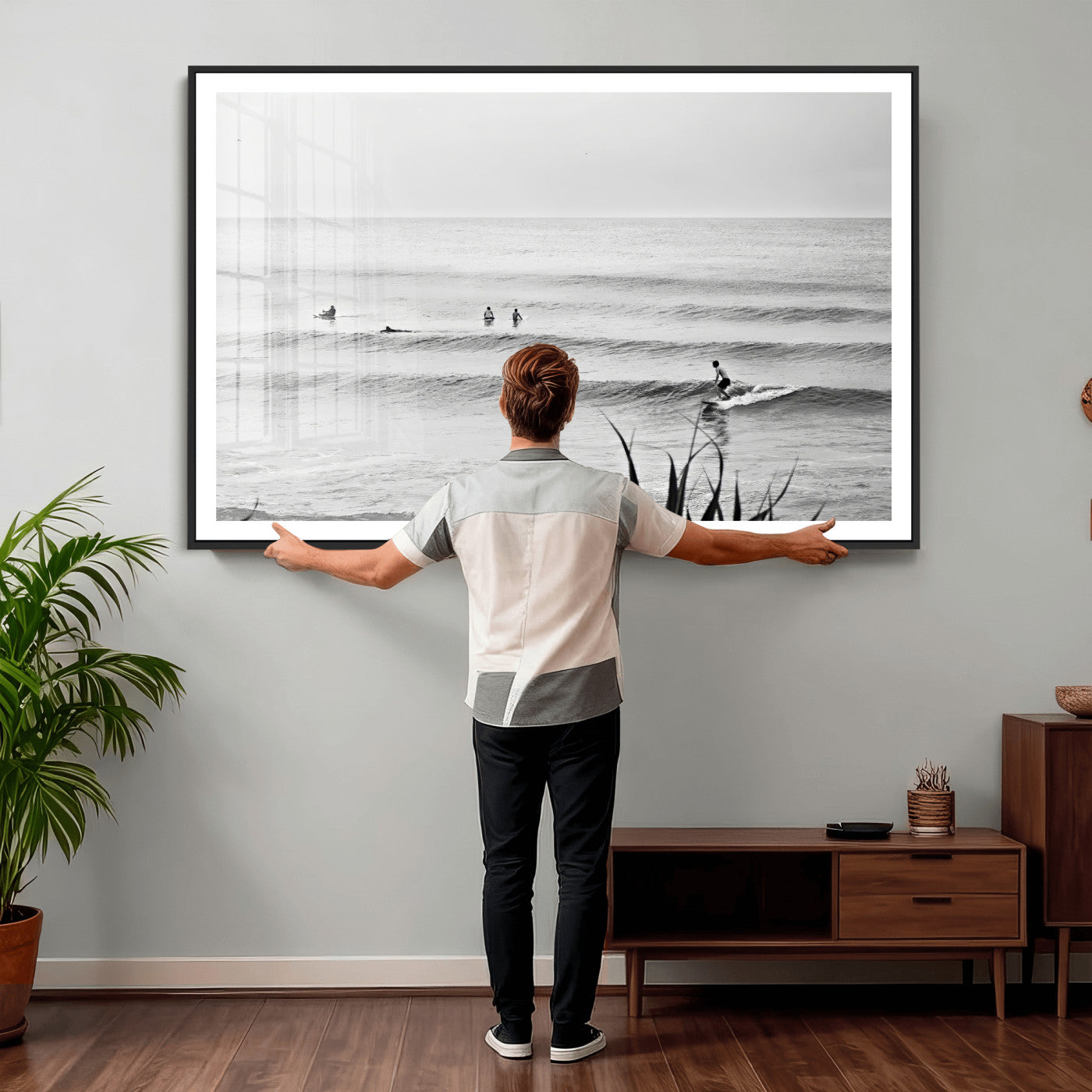33821421-MGV-CV-36X24 - Surfer Silhouette Wall Art Canvas Print, Framed Calm Ocean Art Picture Print, Monochrome Surf Minimalist Coastal Decor Artwor