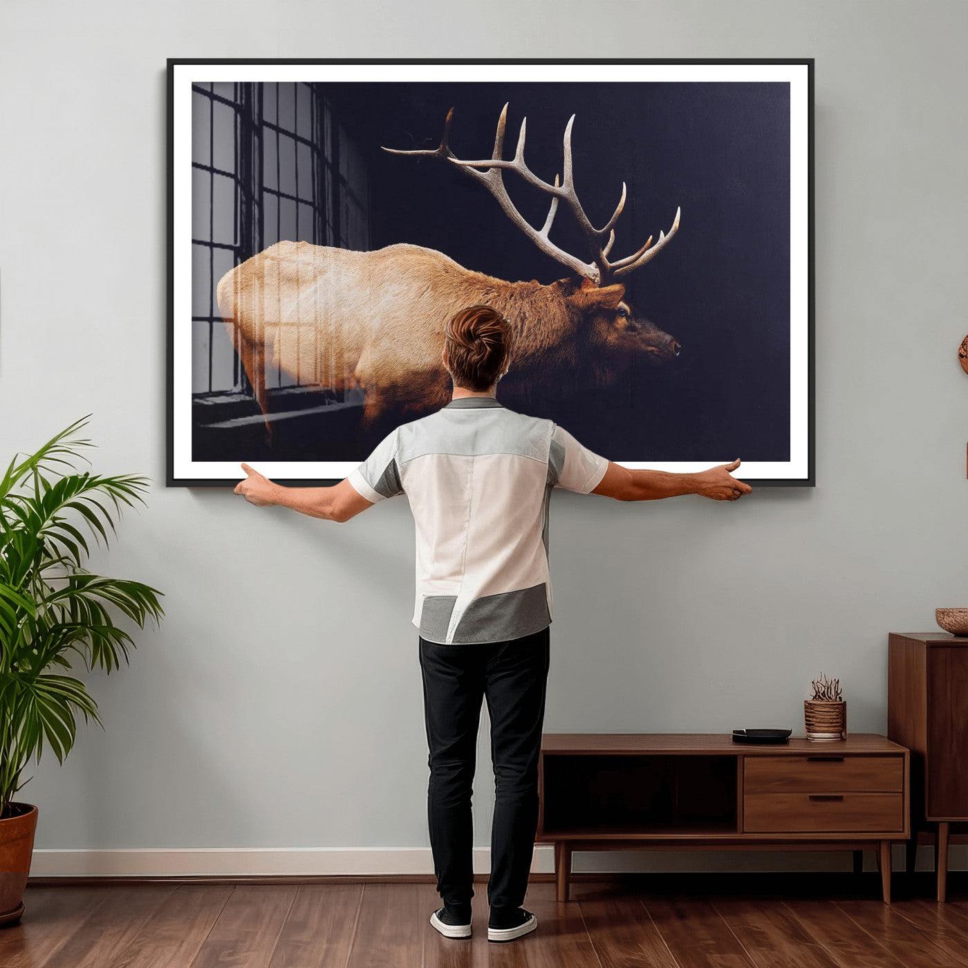 89239257-MGV-CV-36X24 - Rustic Elk Wall Art Canvas Print – Framed Moody Wildlife Art Picture Western Animal Artwork for Home, Office Decor