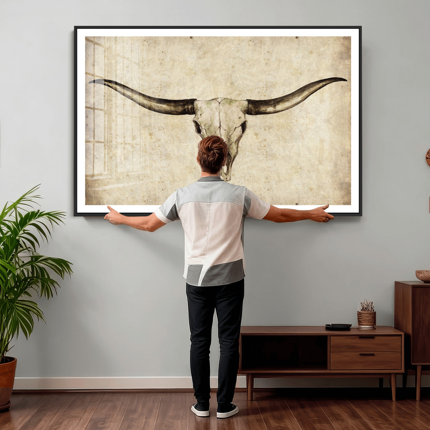 42788678-MGV-CV-36X24 - Longhorn Skull Wall Art Canvas Print – Rustic Western Artwork Print for Living Room Wall Decor