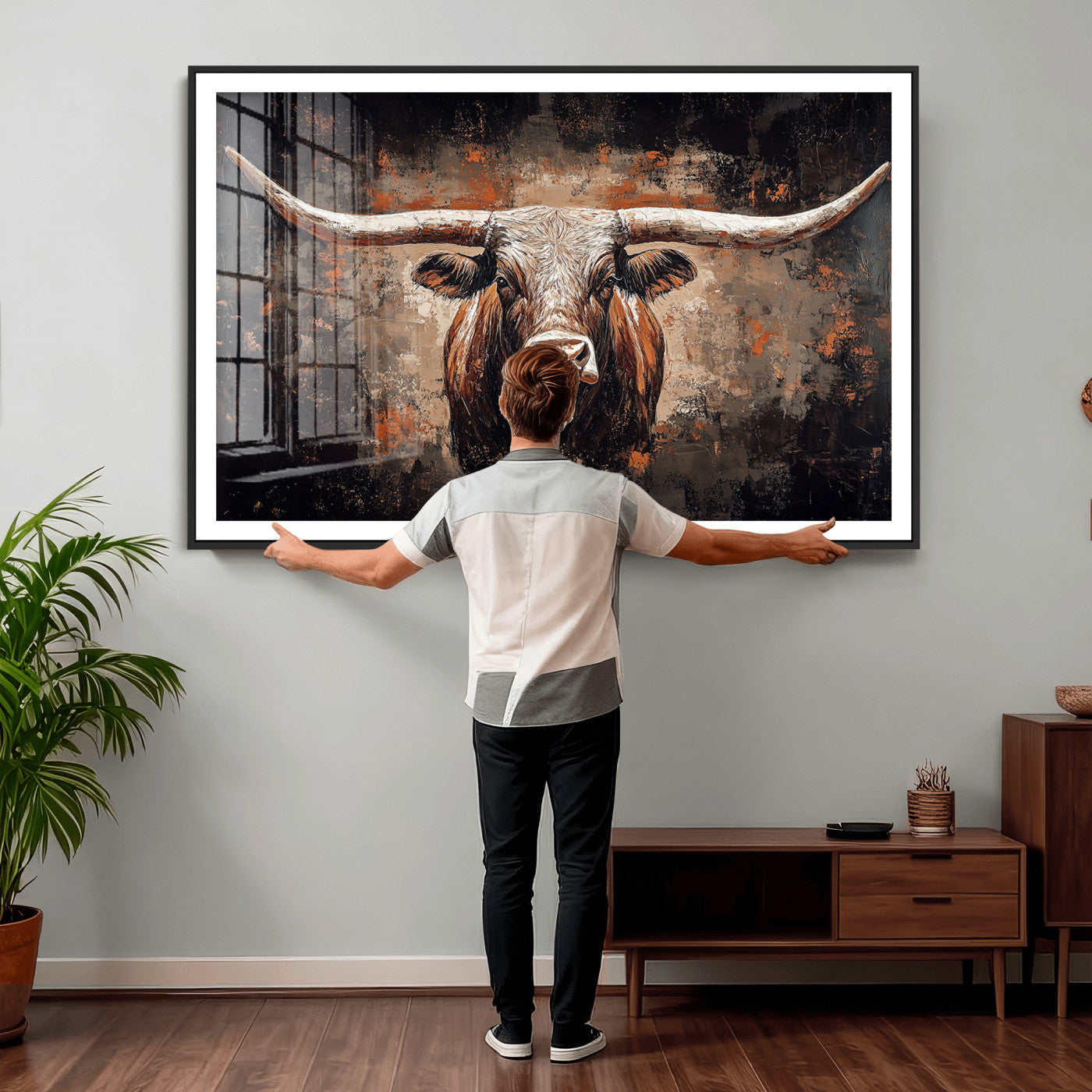 24779067-MGV-CV-36X24 - Rustic Longhorn Bull Wall Art Canvas Print – Vintage Western Cattle Painting, Texas Steer Artwork