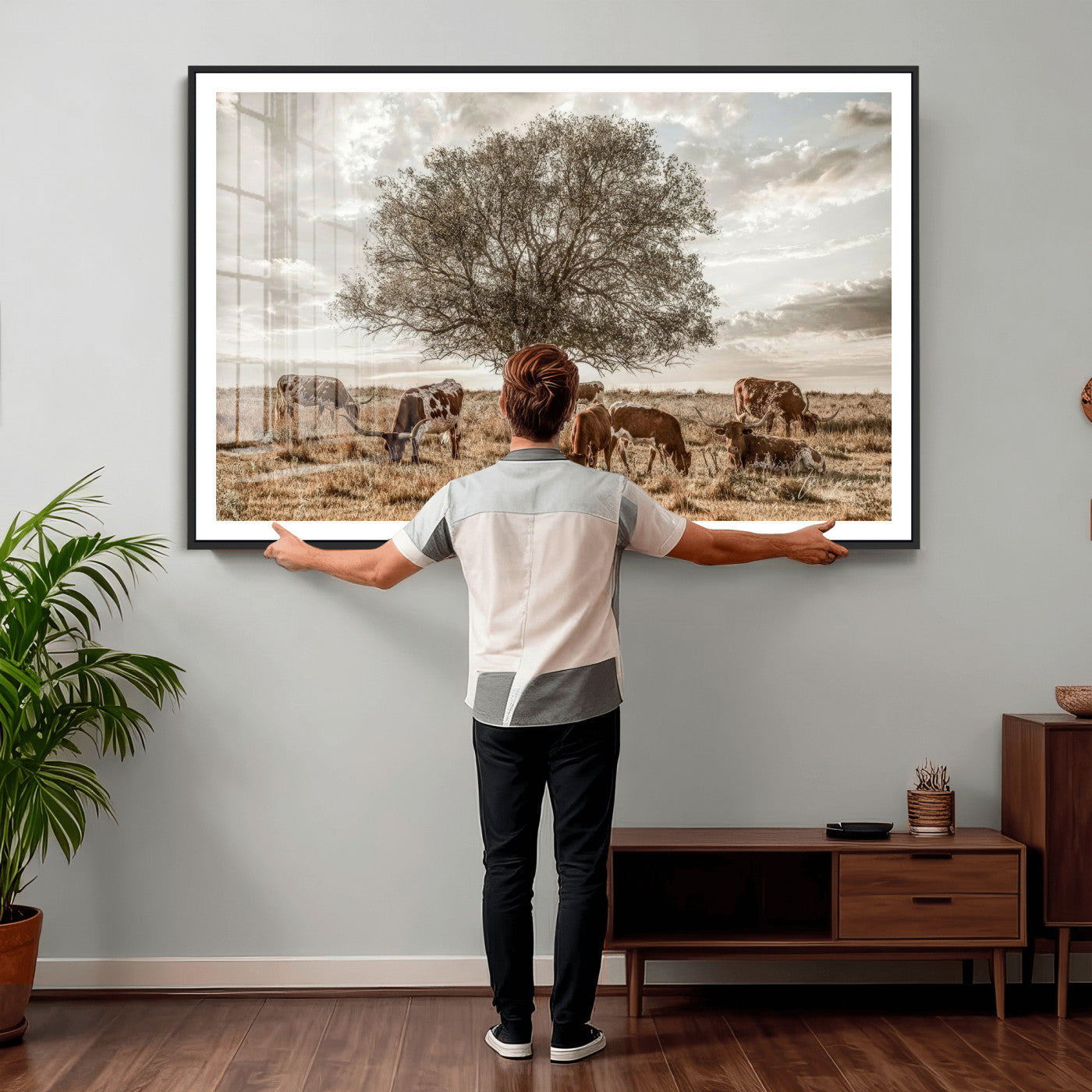 87590224-MGV-CV-36X24 - Texas Longhorn Cattle Wall Art Canvas Print – Rustic Western Ranch Scene with Steers at Sunset, Perfect for Farmhouse or Cowboy Decor