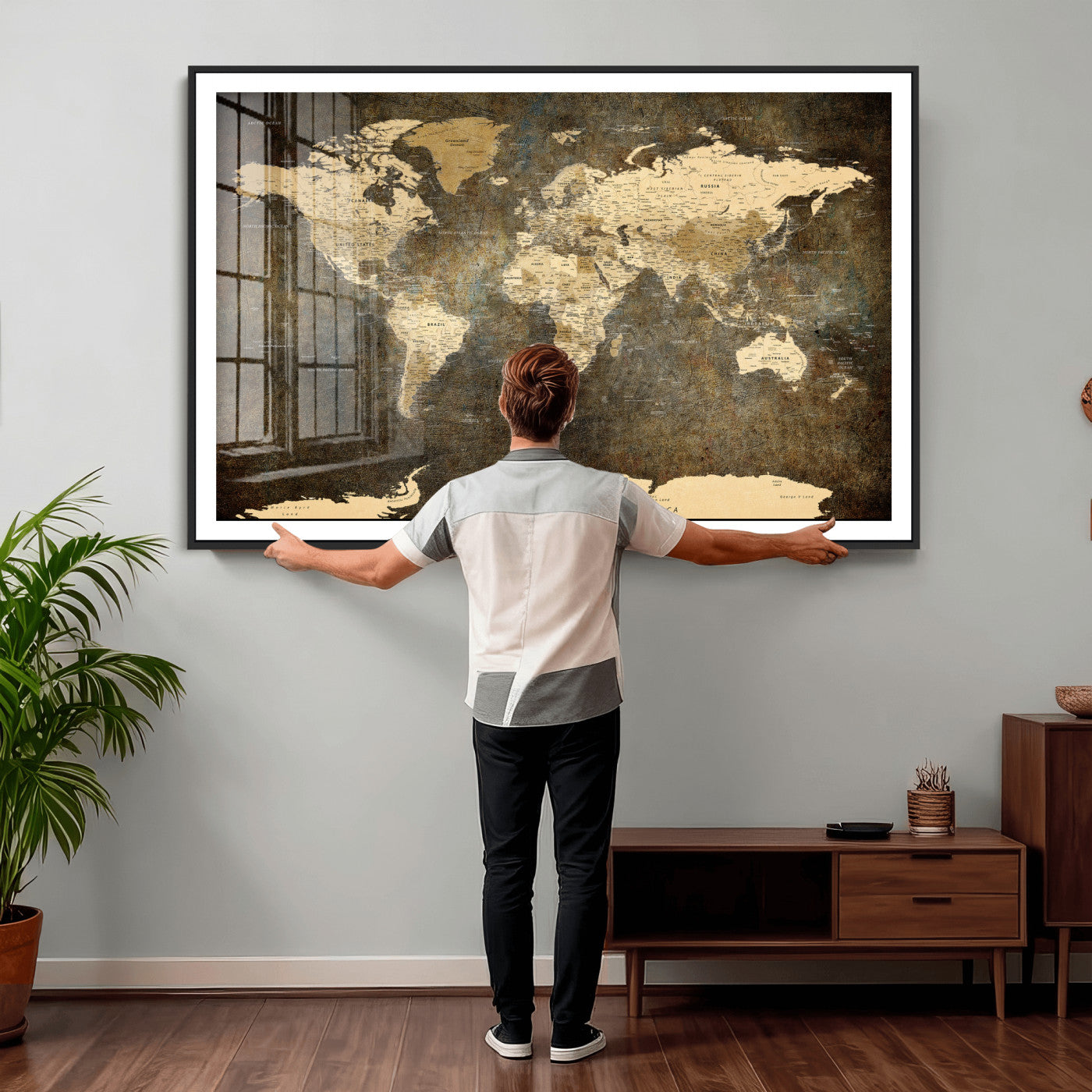 89742472-MGV-CV-36X24 - World Map Wall Art Canvas Print, Modern Decorative Framed Map Artwork Prints for Living Room, Office, Bedroom Wall Decor