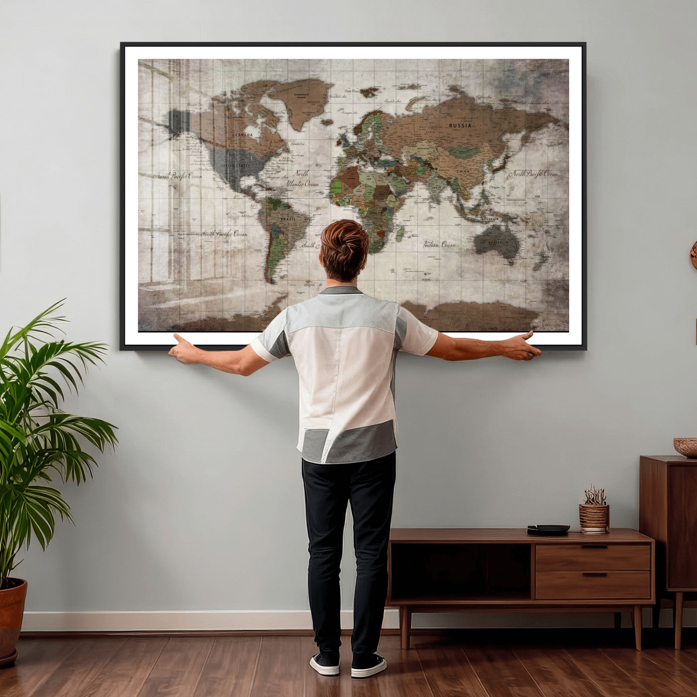 65393892-MGV-CV-36X24 - World Map Wall Art Canvas Print, Modern Decorative Framed Map Artwork Prints for Living Room, Office, Bedroom Wall Decor