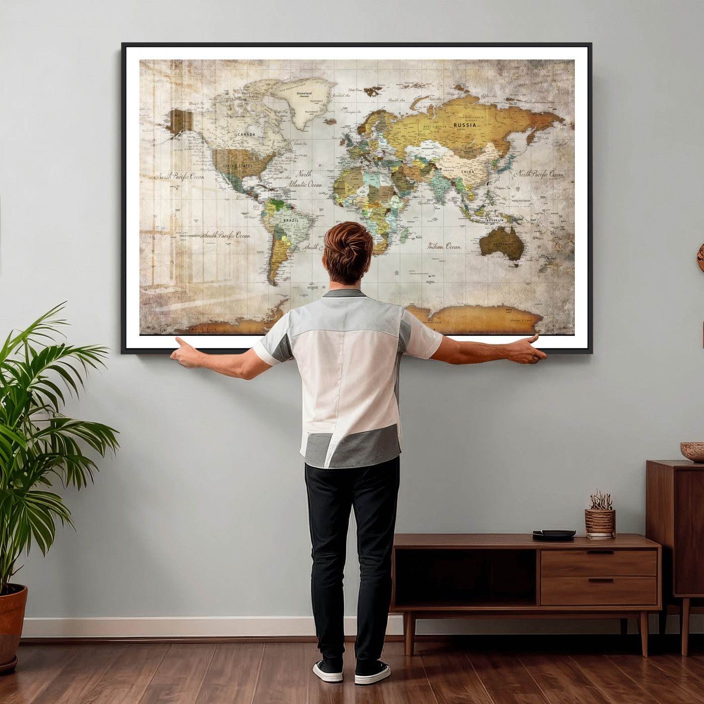 86108417-MGV-CV-36X24 - World Map Wall Art Canvas Print, Modern Decorative Framed Map Artwork Prints for Living Room, Office, Bedroom Wall Decor
