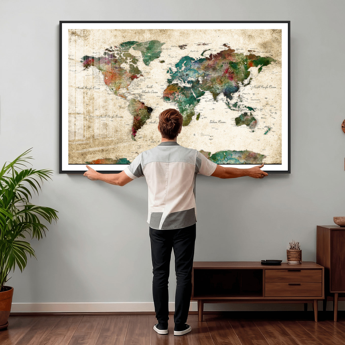 87544591-MGV-CV-36X24 - World Map Wall Art Canvas Print, Modern Decorative Framed Map Artwork Prints for Living Room, Office, Bedroom Wall Decor