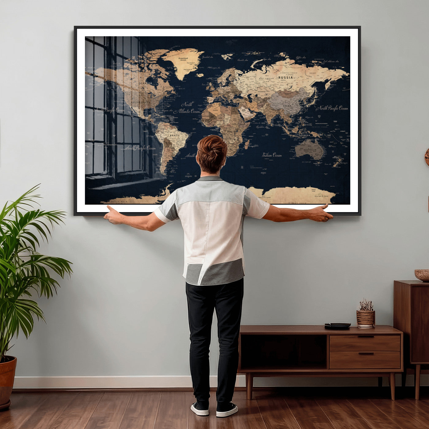 53971530-MGV-CV-36X24 - World Map Wall Art Canvas Print, Modern Decorative Framed Map Artwork Prints for Living Room, Office, Bedroom Wall Decor
