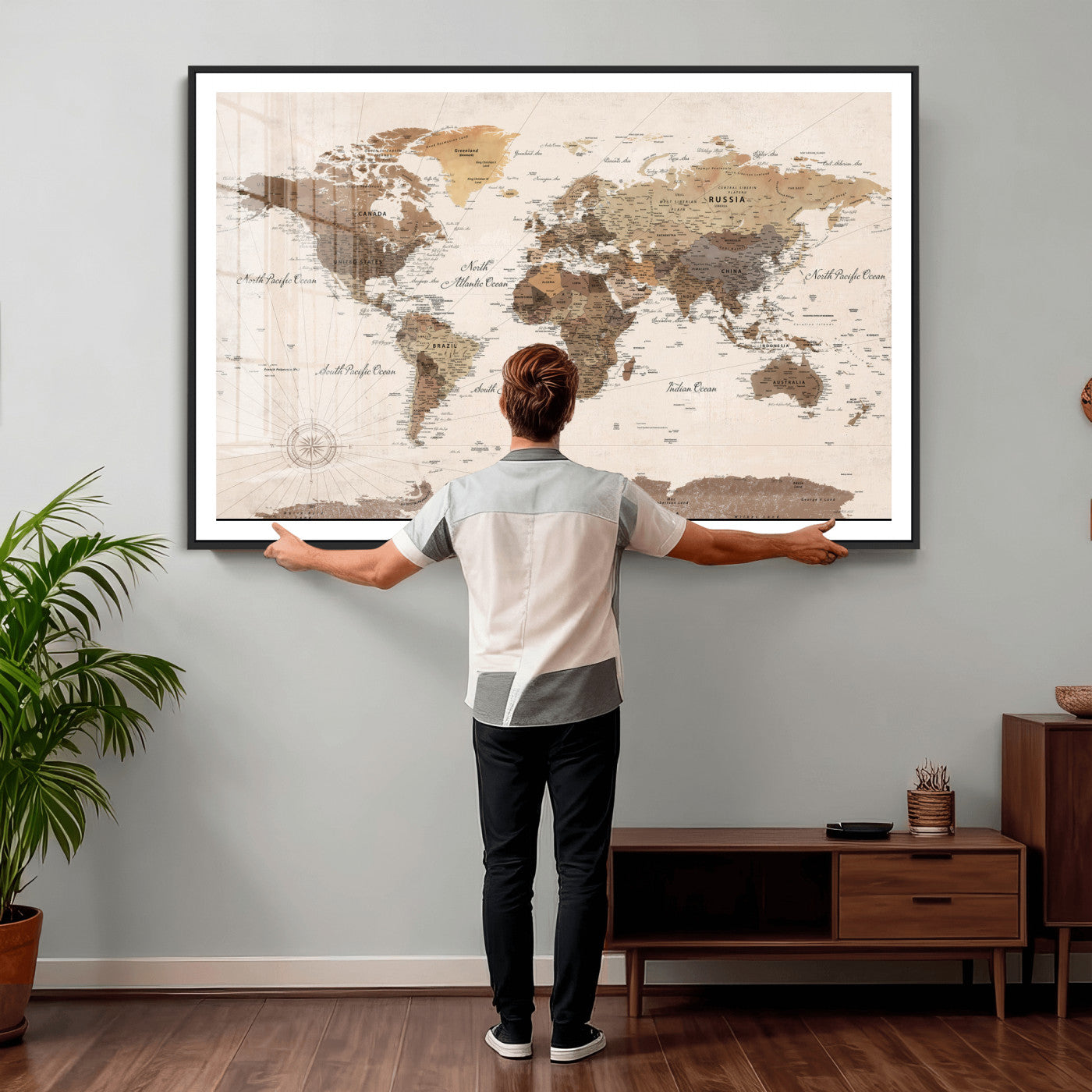 69860078-MGV-CV-36X24 - World Map Wall Art Canvas Print, Modern Decorative Framed Map Artwork Prints for Living Room, Office, Bedroom Wall Decor