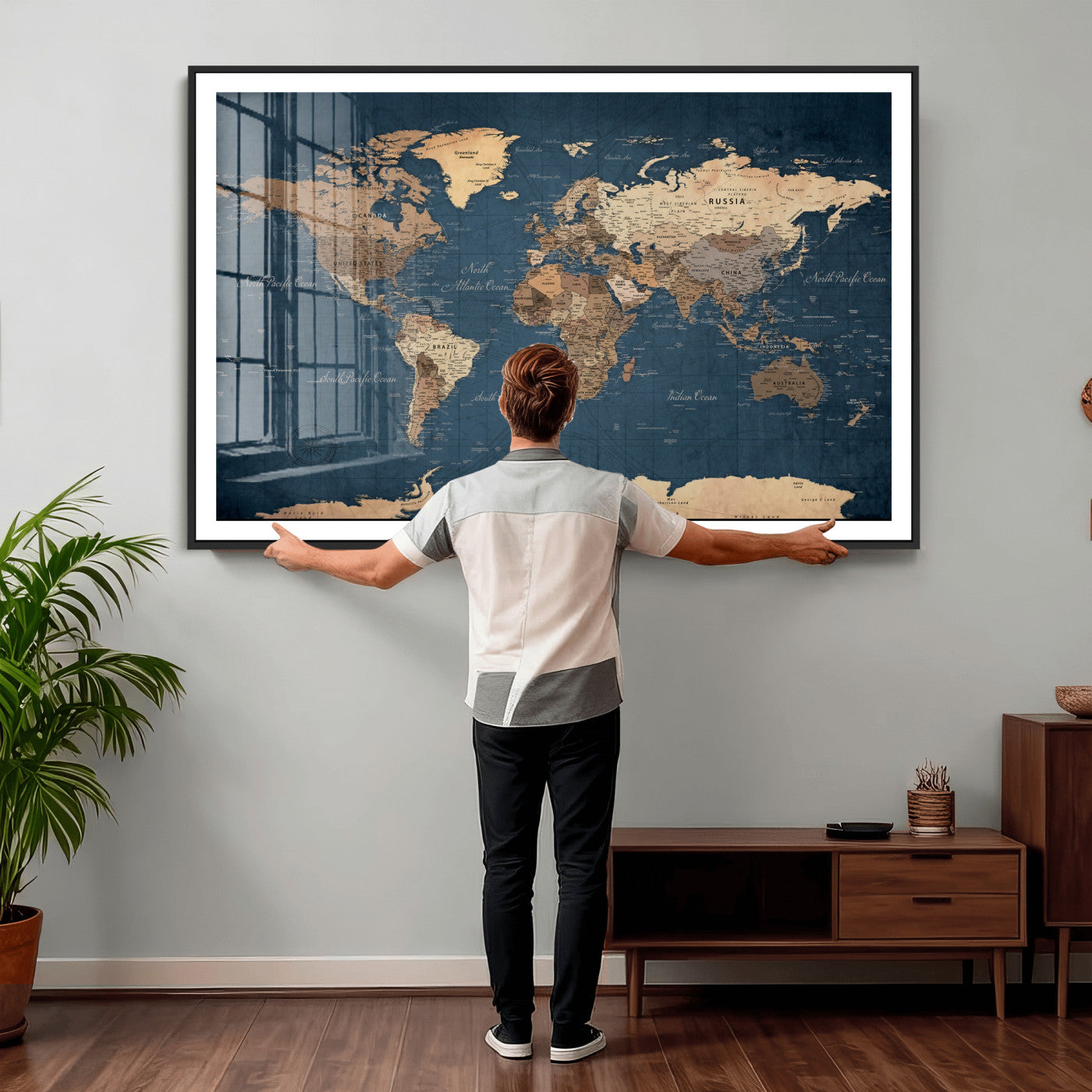 69886352-MGV-CV-36X24 - World Map Wall Art Canvas Print, Modern Decorative Framed Map Artwork Prints for Living Room, Office, Bedroom Wall Decor