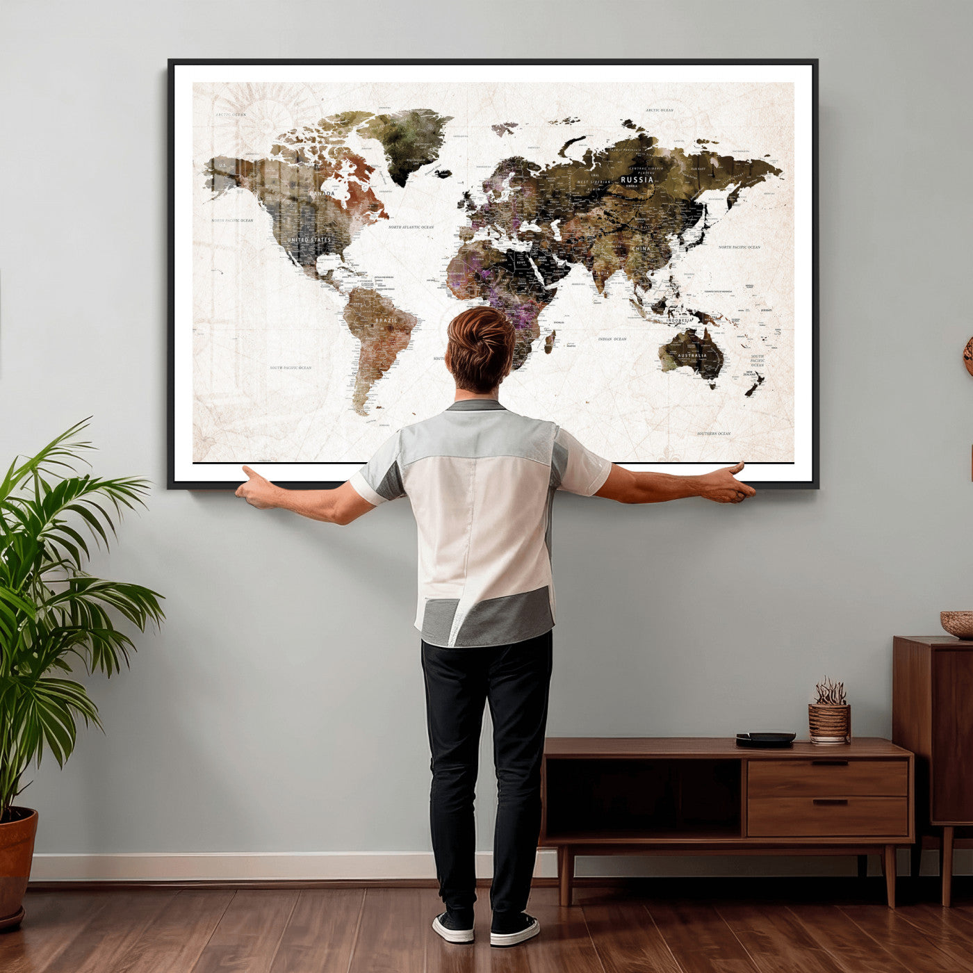 77651968-MGV-CV-36X24 - World Map Wall Art Canvas Print, Modern Decorative Framed Map Artwork Prints for Living Room, Office, Bedroom Wall Decor