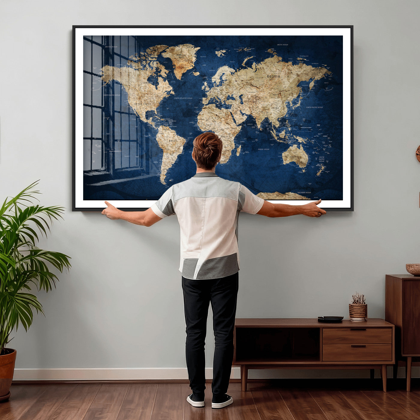57503519-MGV-CV-36X24 - World Map Wall Art Canvas Print, Modern Decorative Framed Map Artwork Prints for Living Room, Office, Bedroom Wall Decor