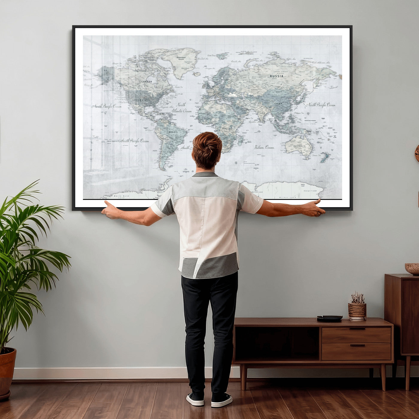 71091917-MGV-CV-36X24 - World Map Wall Art Canvas Print, Modern Decorative Framed Map Artwork Prints for Living Room, Office, Bedroom Wall Decor