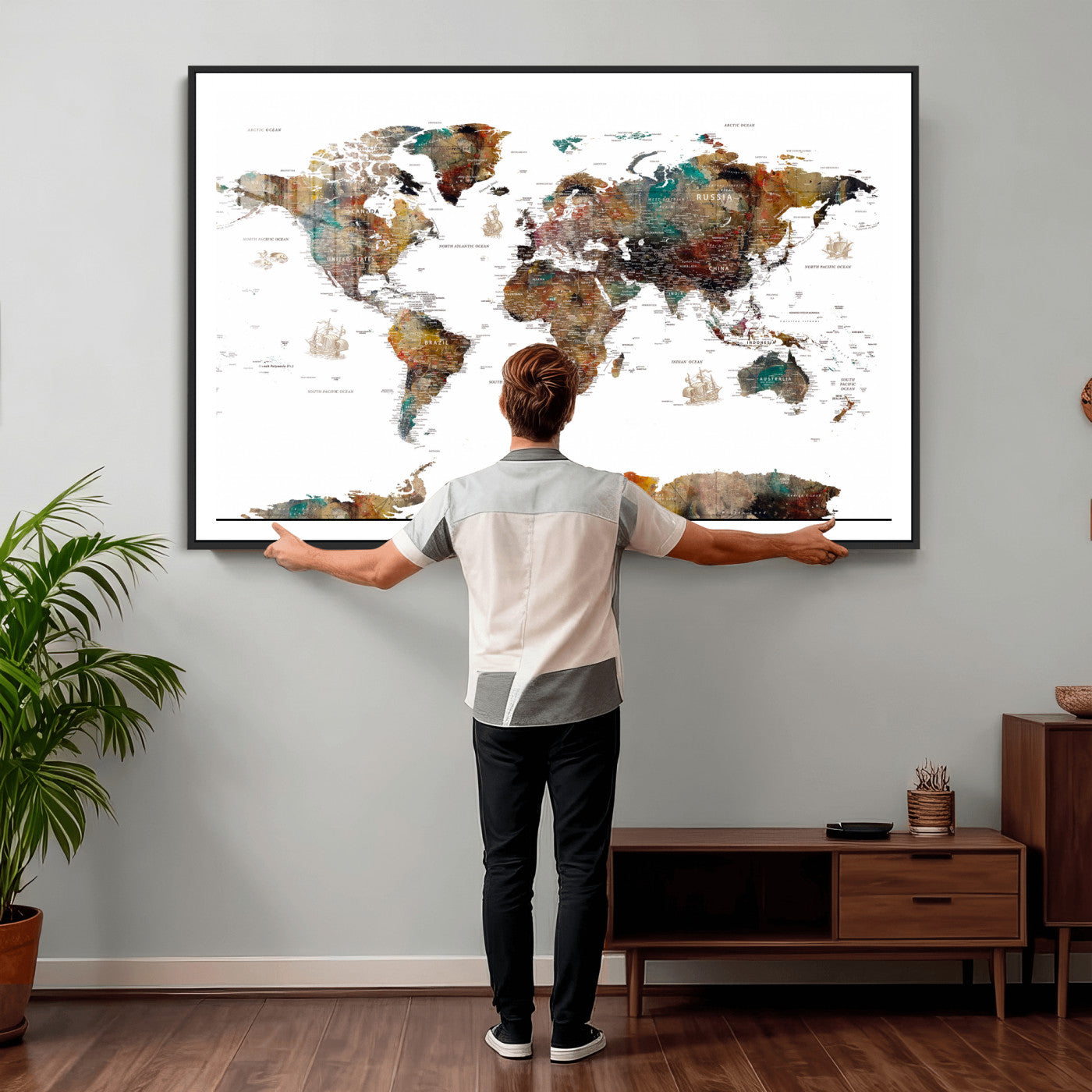 82293175-MGV-CV-36X24 - World Map Wall Art Canvas Print, Modern Decorative Framed Map Artwork Prints for Living Room, Office, Bedroom Wall Decor