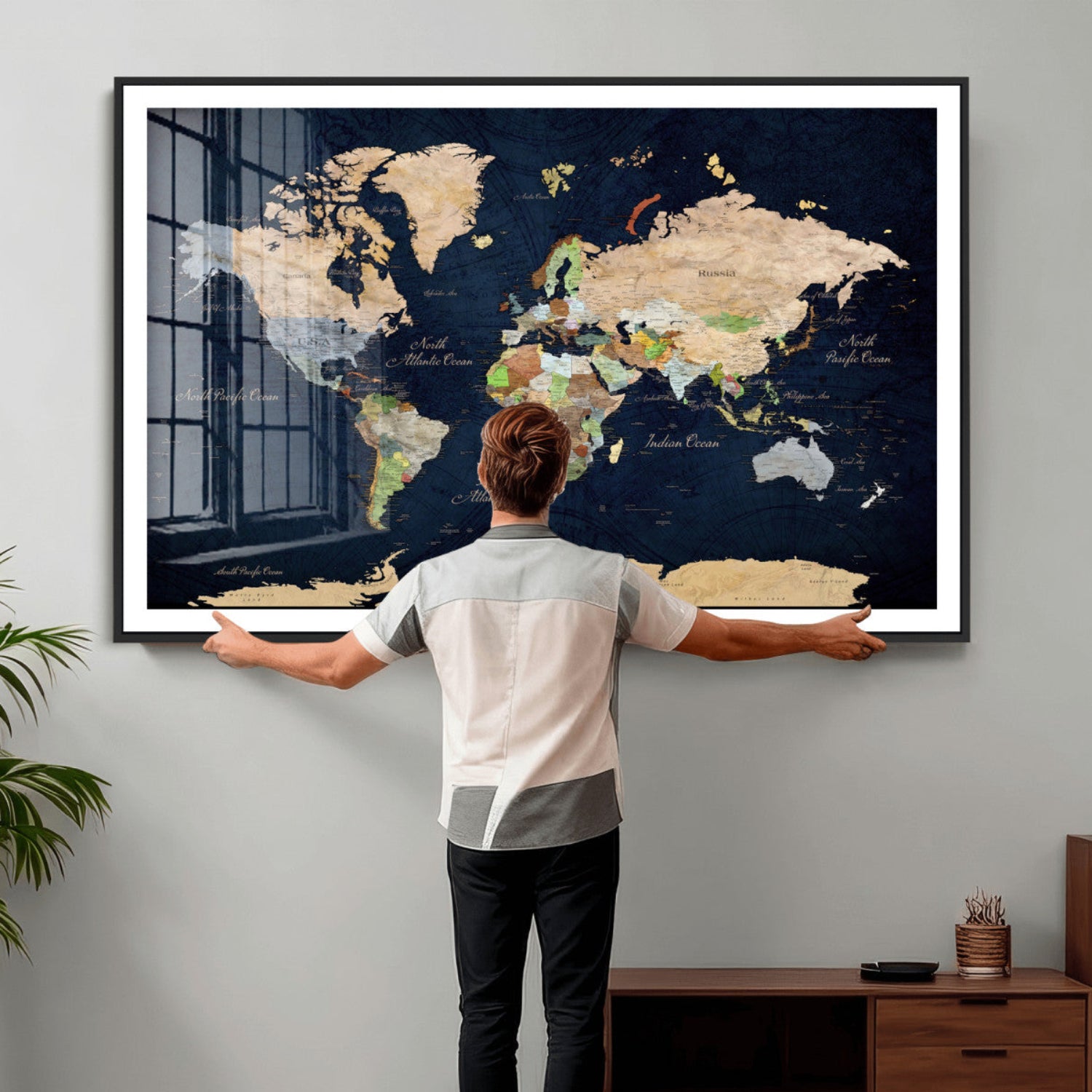 76603563-MGV-CV-36X24 - World Map Wall Art Canvas Print, Modern Decorative Framed Map Artwork Prints for Living Room, Office, Bedroom Wall Decor